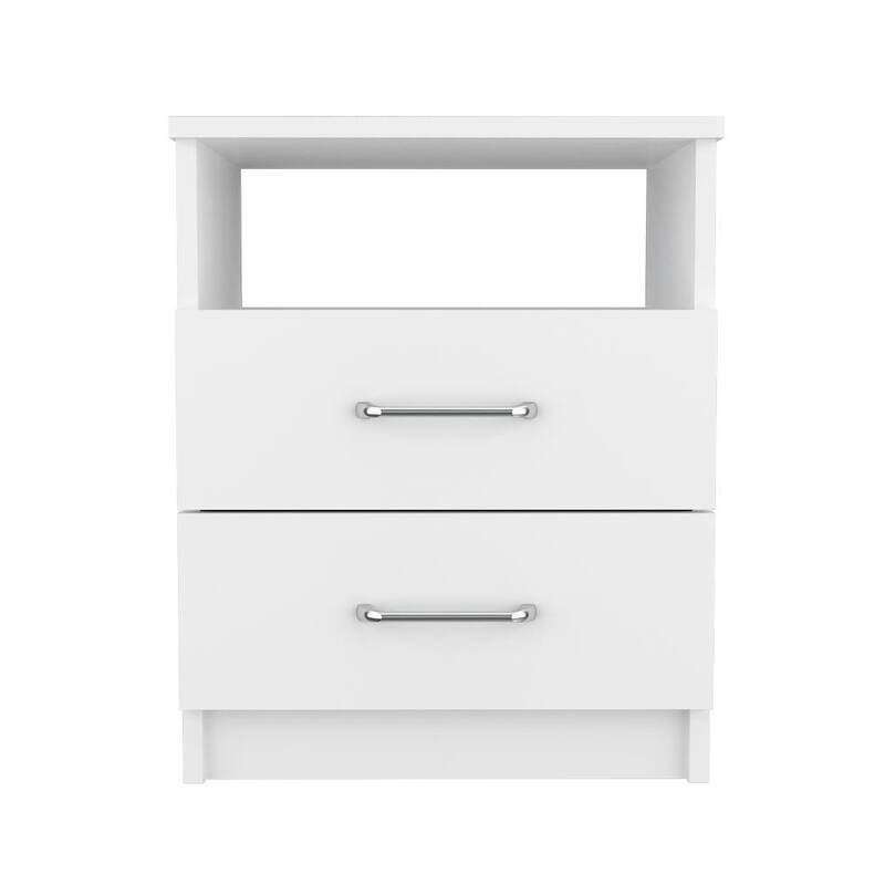 20-Inch White Nightstand with Two Drawers and Open Shelf