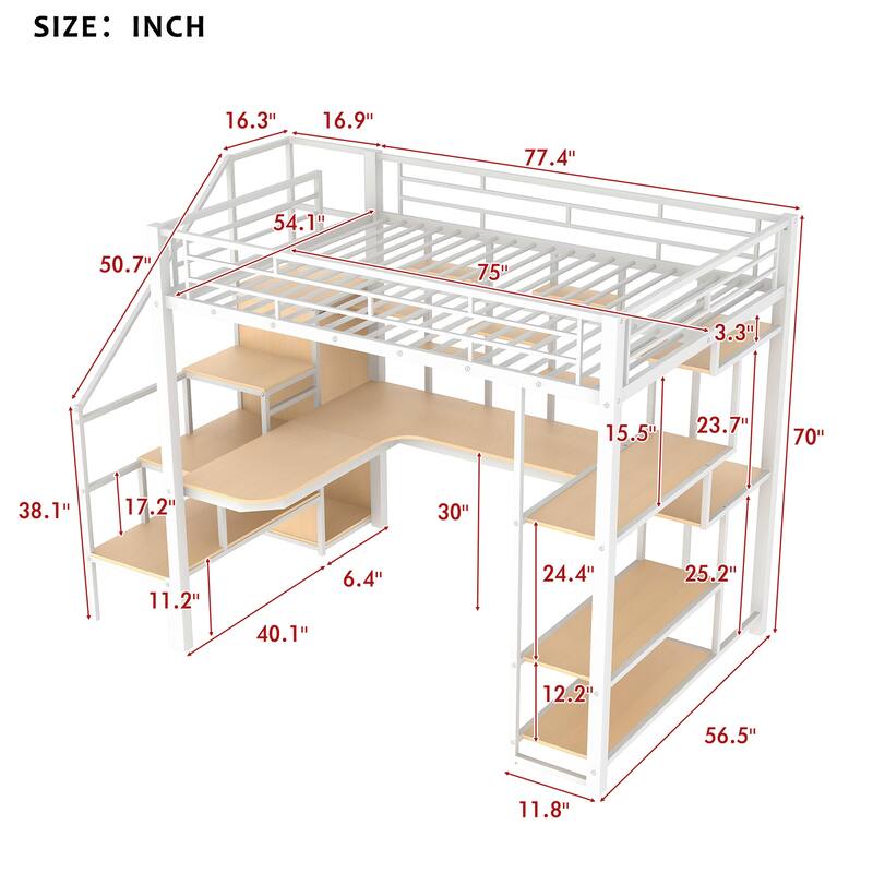 Full Size Metal Loft Bed with Storage Staircase, Built-in Desk, Wardrobe, and Shelves, White