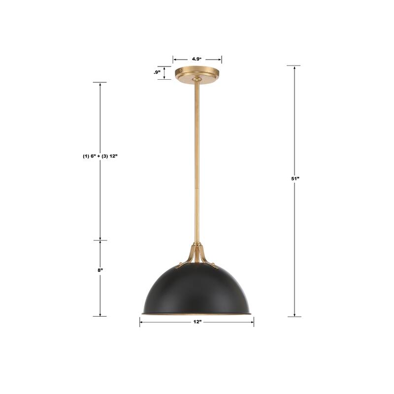 Soto 1 Light Matte Black & Antique Gold Pendant - 12"W x 8"H