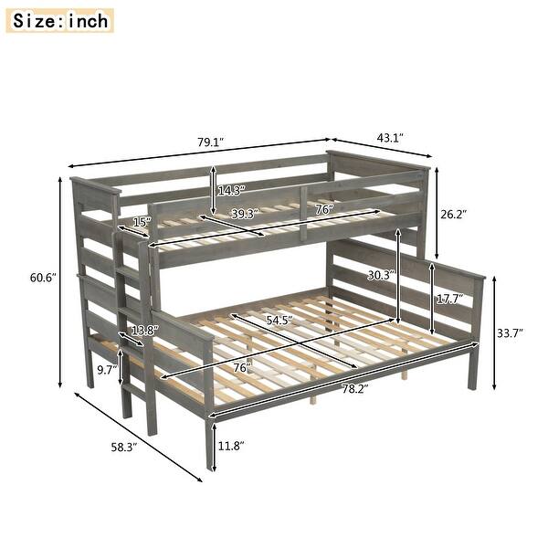 dimension image slide 7 of 8, Wooden Bunk Bed with Ladder & Guardrails, Solid Wood Low Bunkbeds, can be Convertible into 2 Platform Bedframe