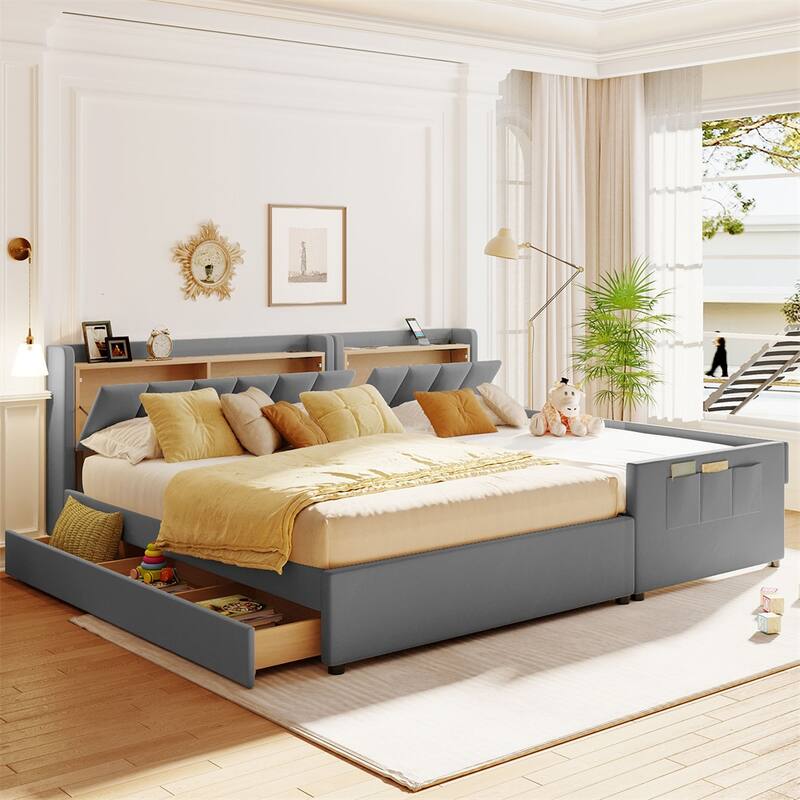 Queen Size Leather Upholstered Platform Bed with Drawer and Sockets