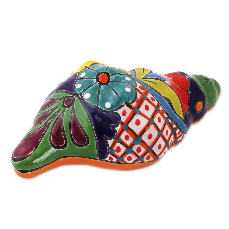 Novica Handmade Talavera Conch Ceramic Sculpture