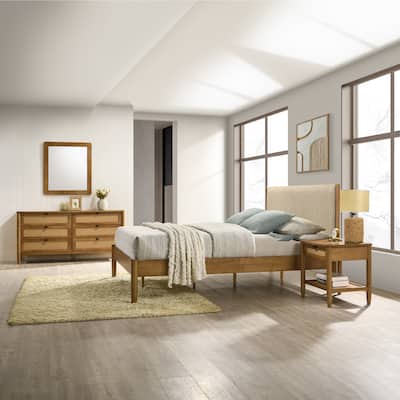Roundhill Furniture Vichy 4-Piece Rattan Bedroom Set Upholstered Bed, Dresser, Mirror, and Nightstand