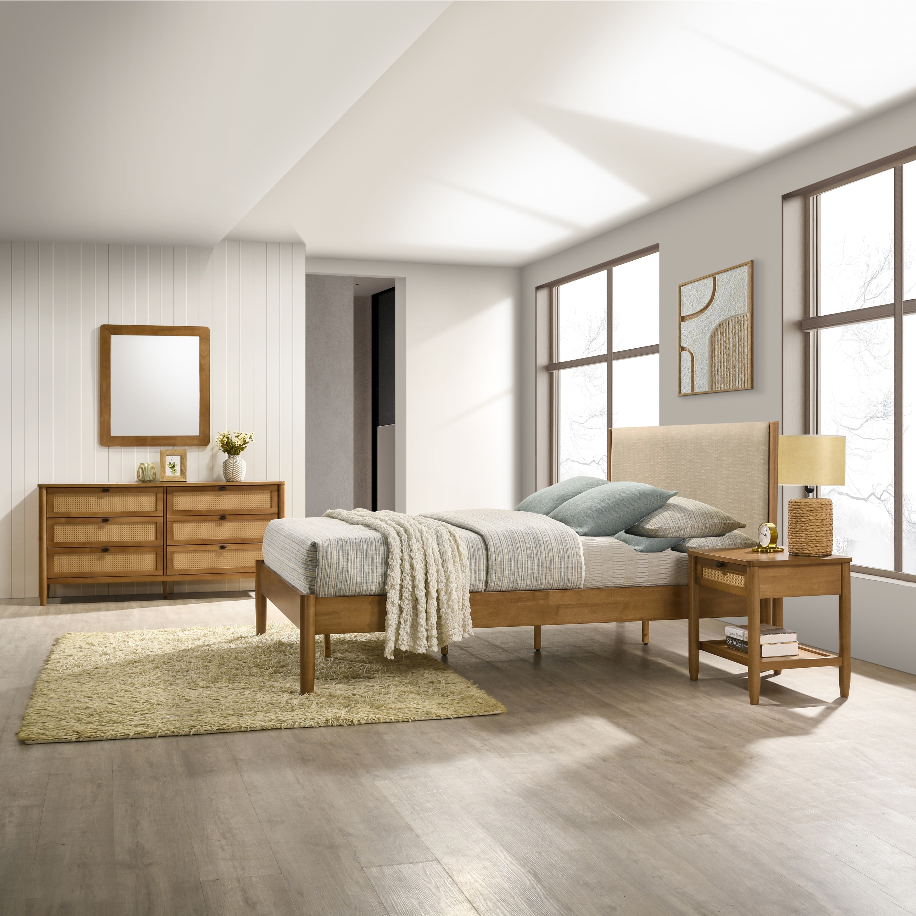 Roundhill Furniture Vichy 4-Piece Rattan Bedroom Set Upholstered Bed, Dresser, Mirror, and Nightstand