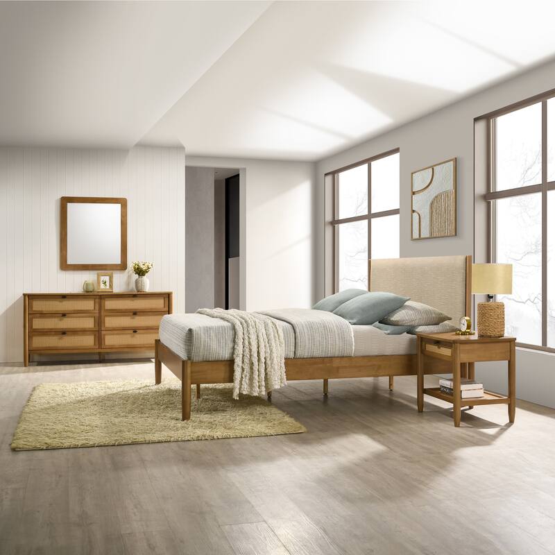 Vichy 5-Piece Rubberwood Bedroom Set with Textured Polyester Upholstered Queen Bed, Dresser, Mirror, and 2 Nightstands - Walnut