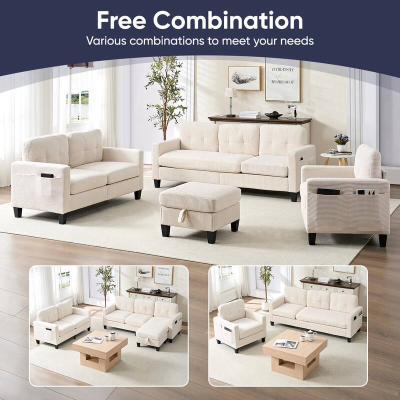 Mixoy 76'' L-Shaped Sofa Set,Corduroy Sectional Sofa,Mid Century 3-Seater Sofa with Storage Ottoman/Loveseat/Single Sofa