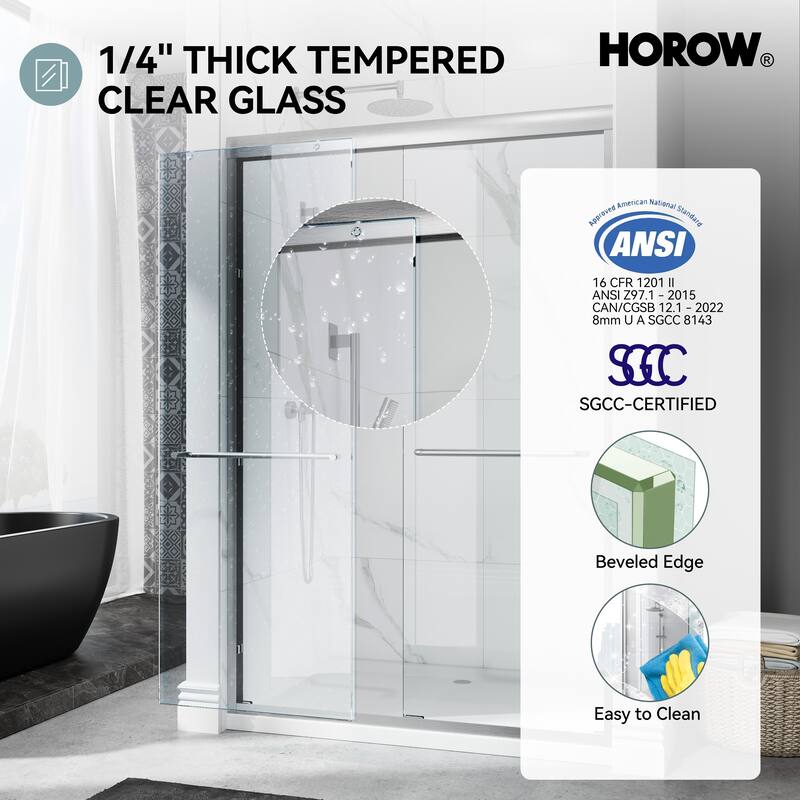 HOROW 44 to 48 Inch Wide 72 Inch High Double Sliding Semi Frameless Shower Door in Brushed Nickel with Clear Glass