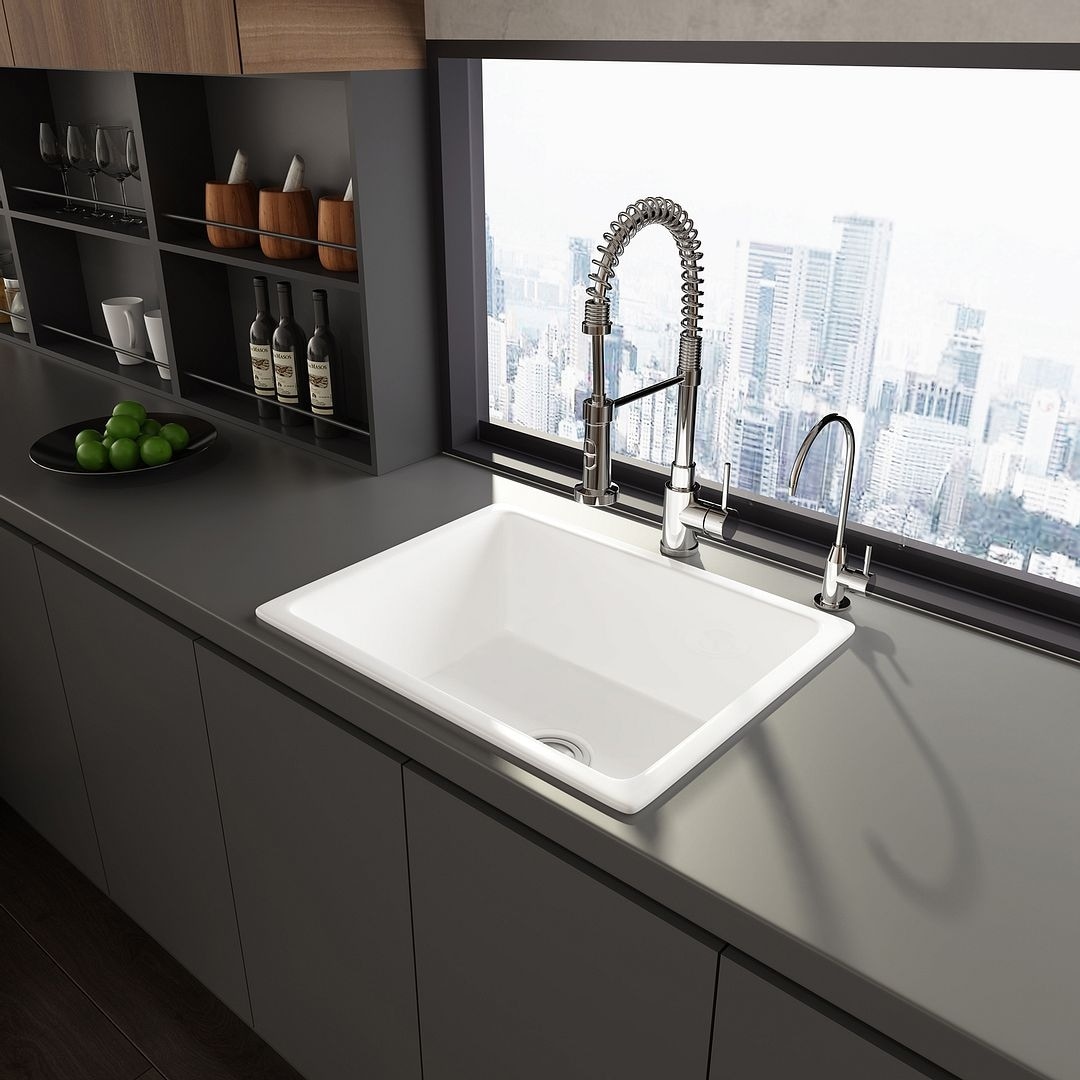 24-Inch White Fireclay Kitchen Sink – Undermount Or Drop-In, Single Bowl, 9.4" Deep, Includes Grid & Drain