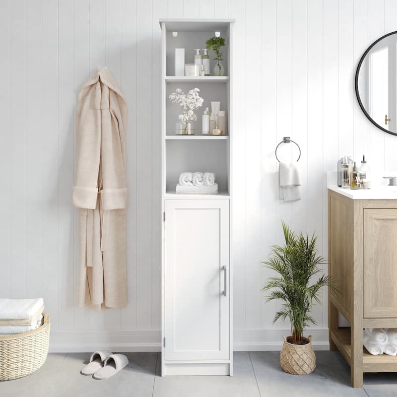 Modern Freestanding Linen Tower with Shelves and Magnetic Close Door - White
