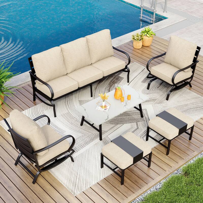 MAISON ARTS 5/7/9-Seat Patio Conversation Set, Outdoor Sofa Set with Single Sofa Chairs, 3-Seater Sofa, Ottoman and Coffee Table - 6-Piece - Set 3-Rocking Chairs with Ottoman