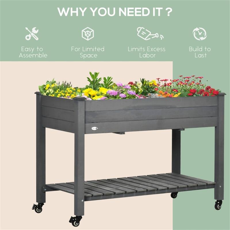 Raised Garden Planter Box with Storage Shelf and Wheels Dark Gray Fir Wood Elevated Garden Bed with Drainage