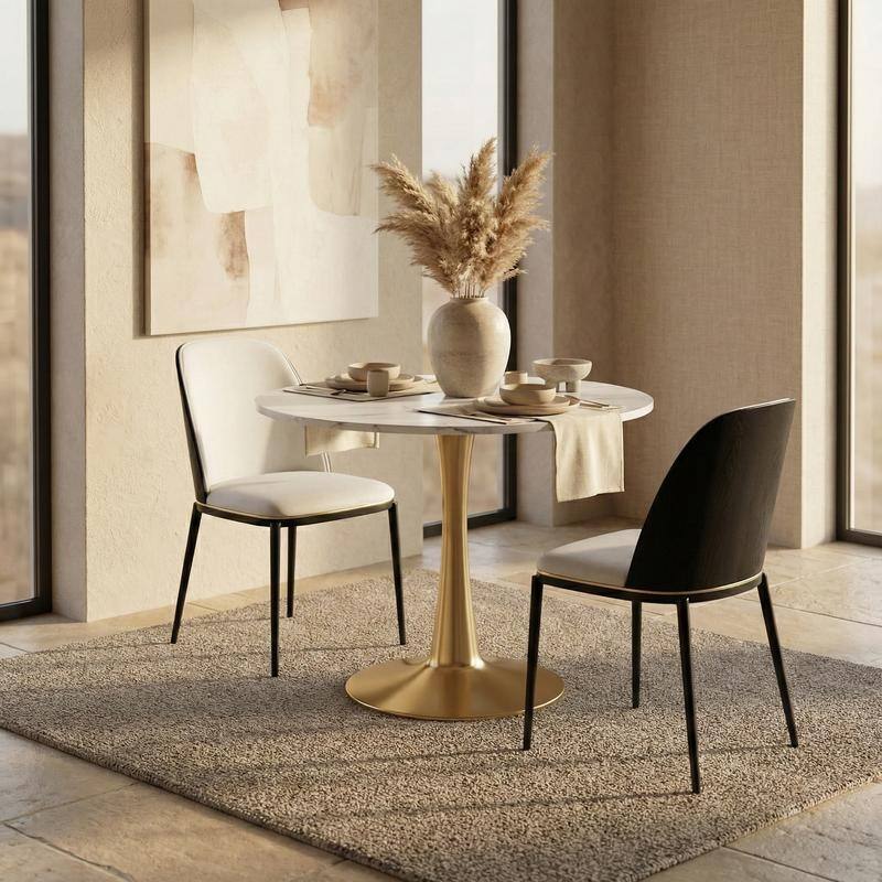 Bristol Minimalist Modern Round Dining Table with Solid Wood Top and Accent Gold Stainless Steel Base for Home or Kitchen