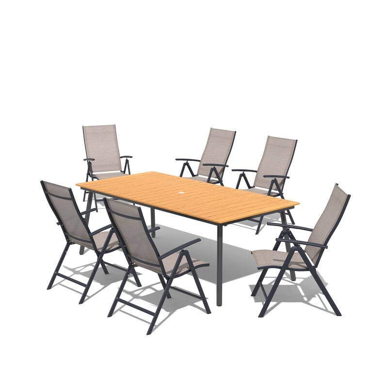 7/9-Piece Set Outdoor Aluminum Patio Dining Table with Folding Dining Chair - Espresso-Set of 7- 70.87 inches long