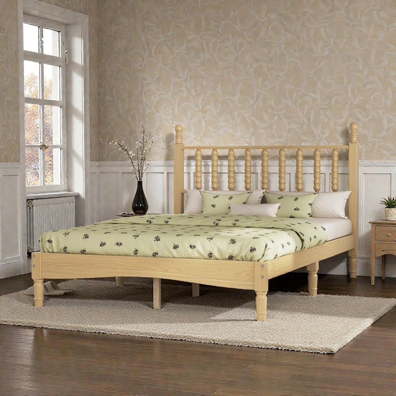 Retro Wood Platform Bed with Gourd Shaped Headboard, Wooden Slat Support, No Box Spring Needed