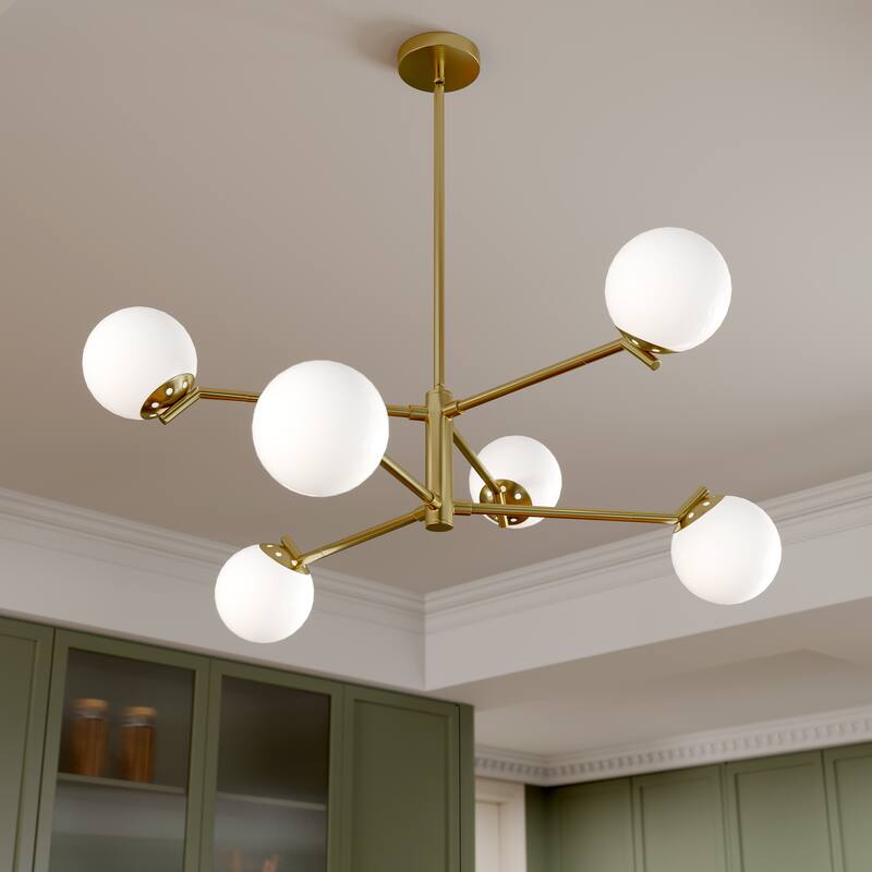 6-Light Modern Sputnik Chandelier with Glass Globe for Dining Room - Gold
