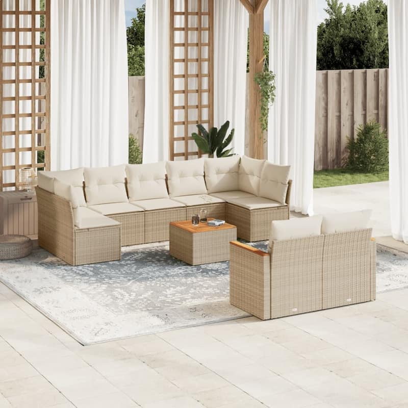 vidaXL Patio Sofa Set with Cushions Outdoor Conversation Furniture Poly Rattan - 24.4 x 24.4 x 27.2 in - Beige with table