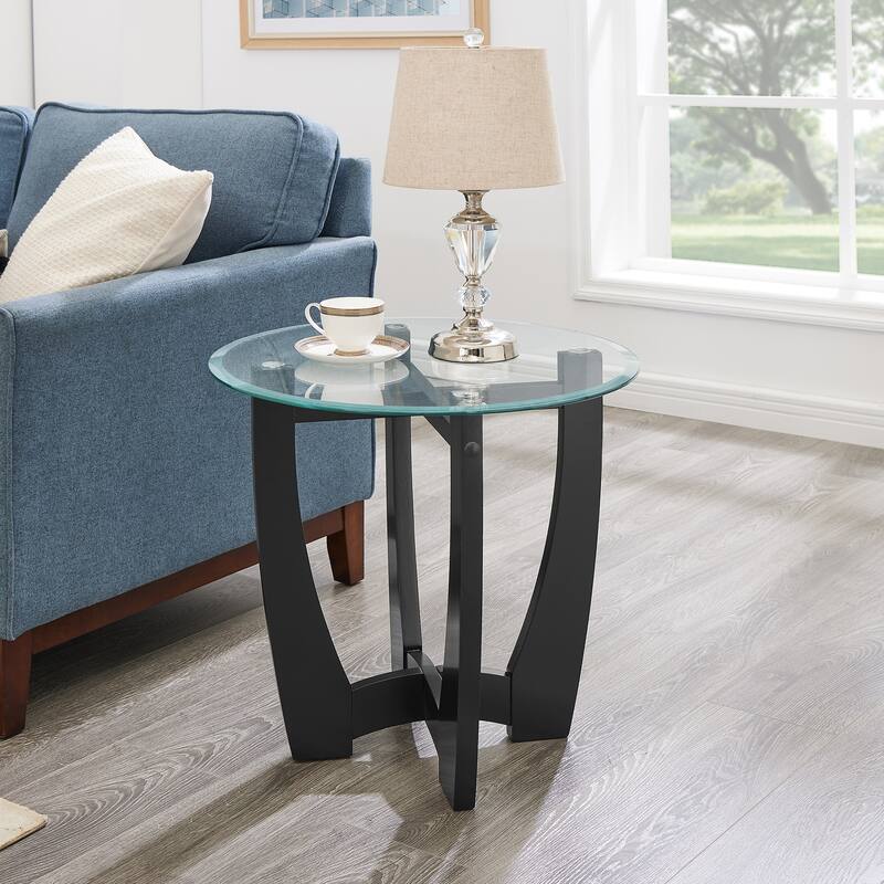 23.5 Inch Round Glass Coffee Table, Cherry Round Coffee Table Center Table With Glass Top, Small Coffee Table - Black