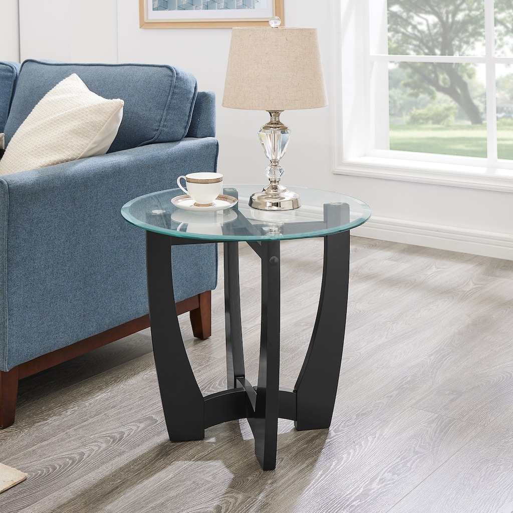 Roomfitters 23.5-Inch Round Glass Coffee Table with Metal Frame, Small Modern Center Table for Living Room, Office, Black