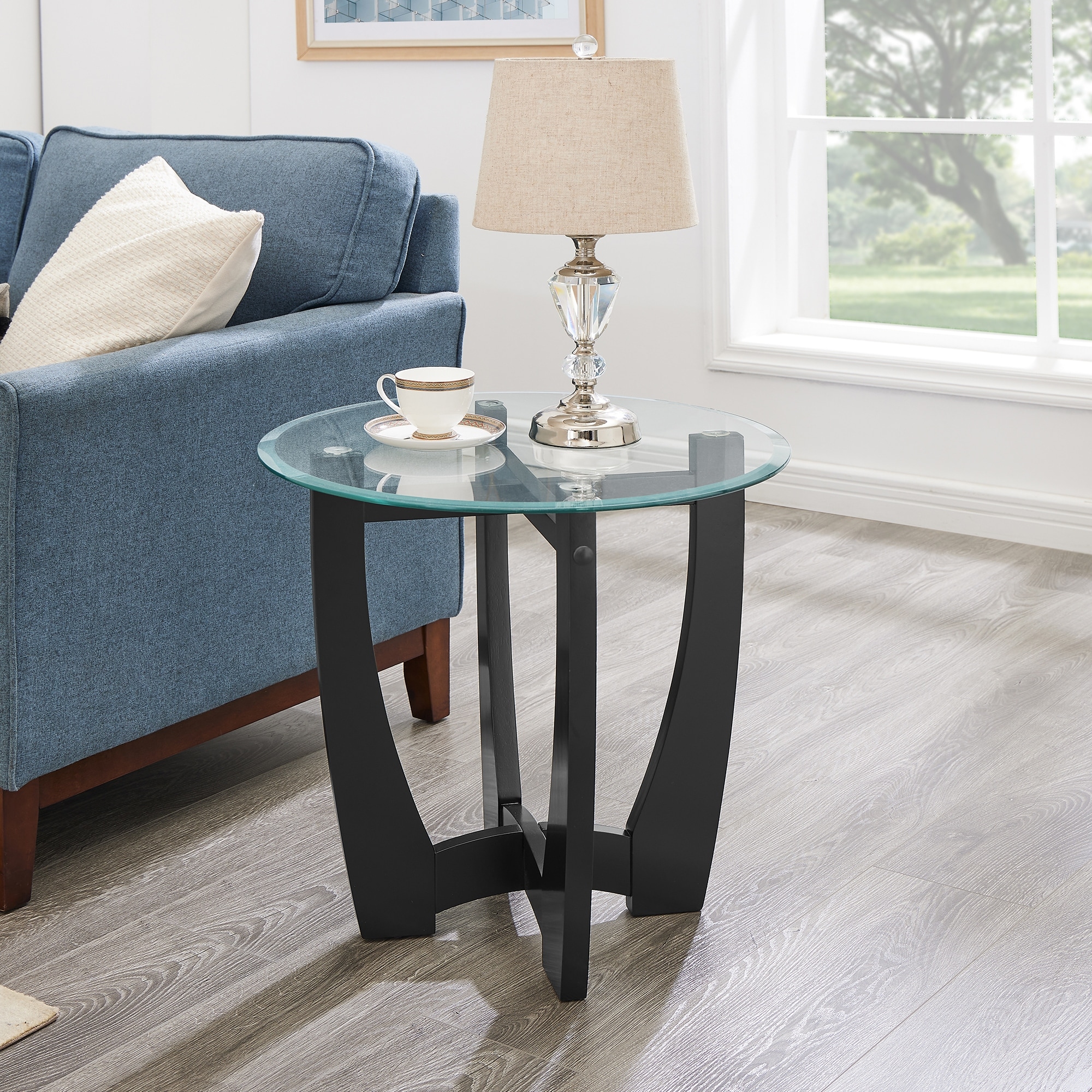 Roomfitters 23.5-Inch Round Glass Coffee Table with Metal Frame, Small Modern Center Table for Living Room, Office, Black