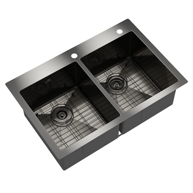 Handmade Drop-In 2-Hole 50/50 Double Bowl 18 Gauge Stainless Steel Kitchen Sink with Bottom Grids and Basket Strainers