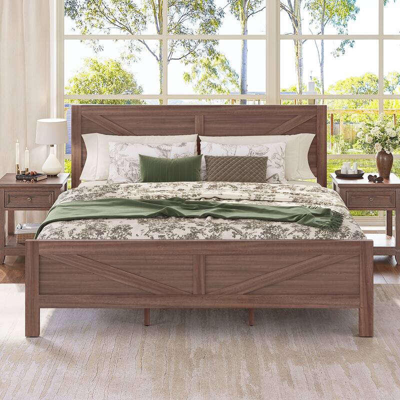 King/Queen Size Wood Platform Bed Frame With Headboard, Solid Wood Platform Bed, No Box Spring Needed, Easy Assembly - King - Brown/King