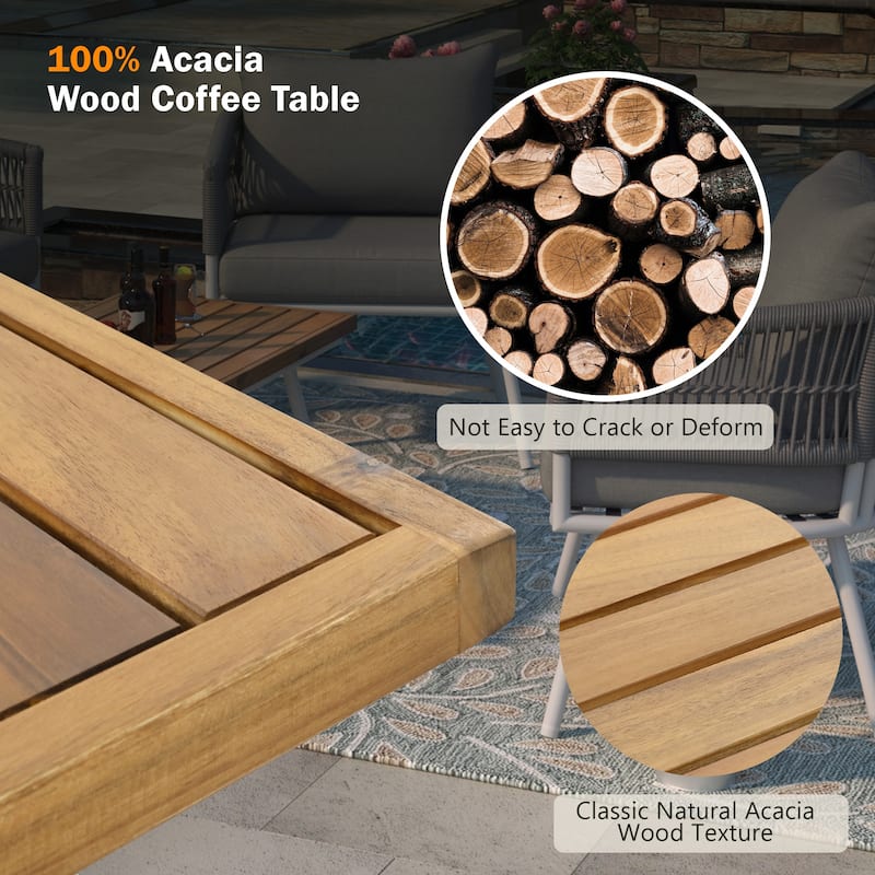 4-Pieces Rope Patio Conversation Set with Wooden Table & Cushion
