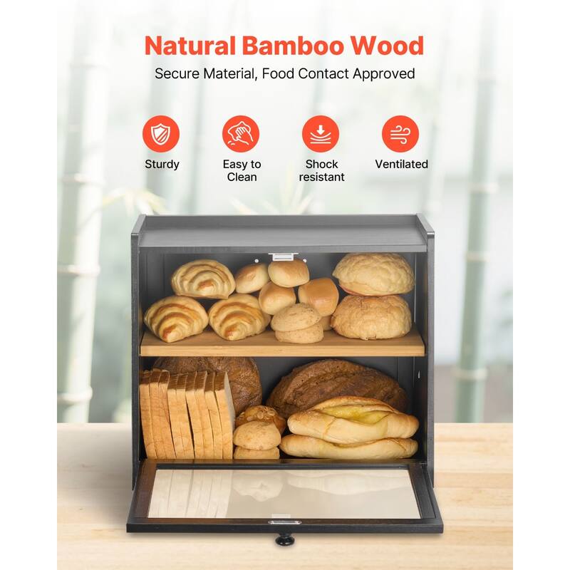 Black Two-Tier Wooden Trapezoid-Shaped Bread Box with Knife and Cutting Board for Kitchen Counter - 15.75” x 9.85” x 13.19”