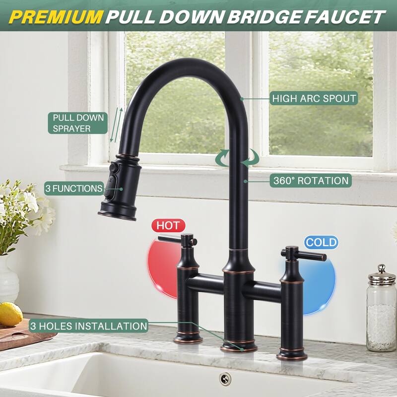 WOWOW Double Handle Pull Down Sprayer Bridge Kitchen Faucet
