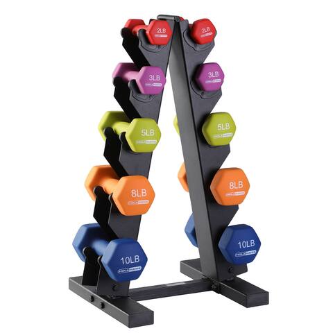 HolaHatha 2, 3, 5, 8, and 10 Pound Neoprene Dumbbell Free Weight Set with Rack - Multicolored - 56 LB, Set of 10 with Stand