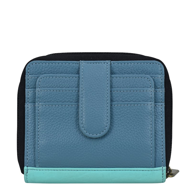 Handpainted Leather Ladies Zippered Organizer Wallet - Vintage Garden Turquoise