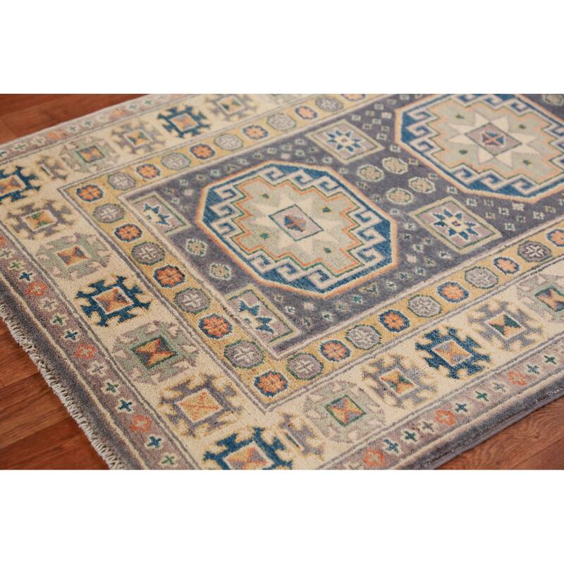 Geometric Kazak Foyer Rug Hand-Knotted Grey Wool Carpet - 2'9"x 3'10"