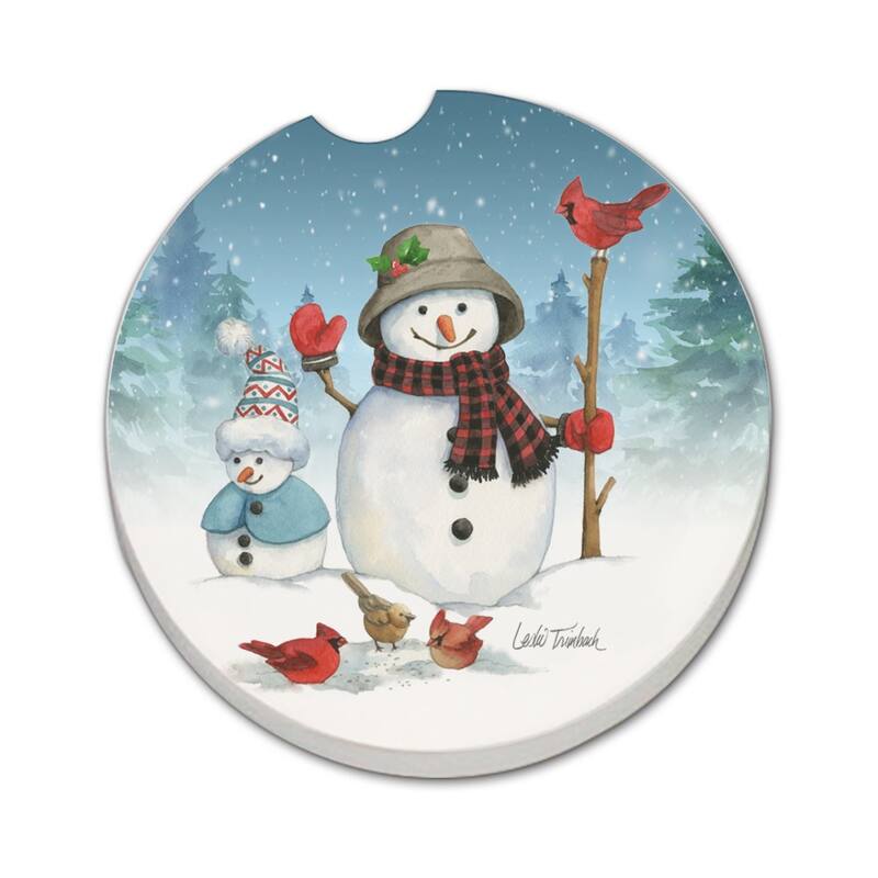 Snowman Family 2 Pack Absorbent Stone Coaster for Vehicle Cup Holder 2.6” Diameter Manufactured in The USA - Multi