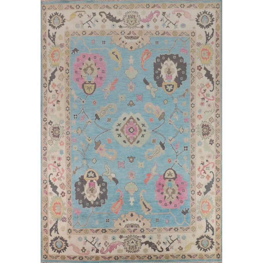 Light Blue Floral Oushak Oriental Area Rug Hand-Knotted Wool Carpet - 8'11"x 11'9"