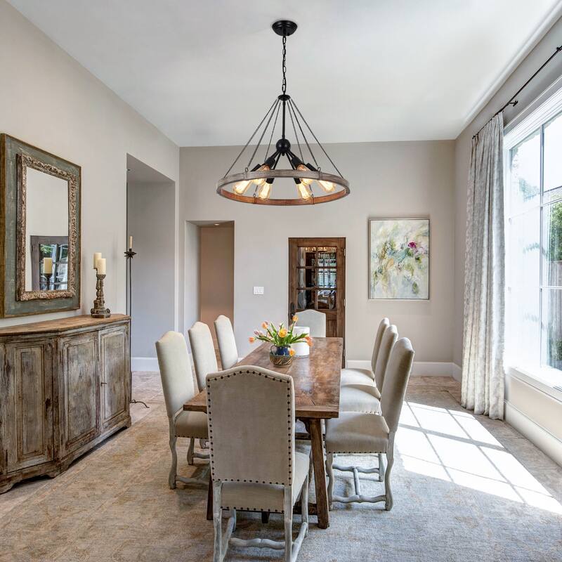 6-Light Modern Wagon Wheel Chandelier with Adjustable Chain for Study Foyer Kitchen Island