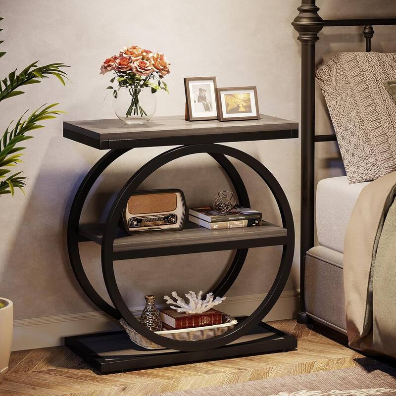23.6" Space-Saving Side Table, Grey Wood & Black Metal Frame