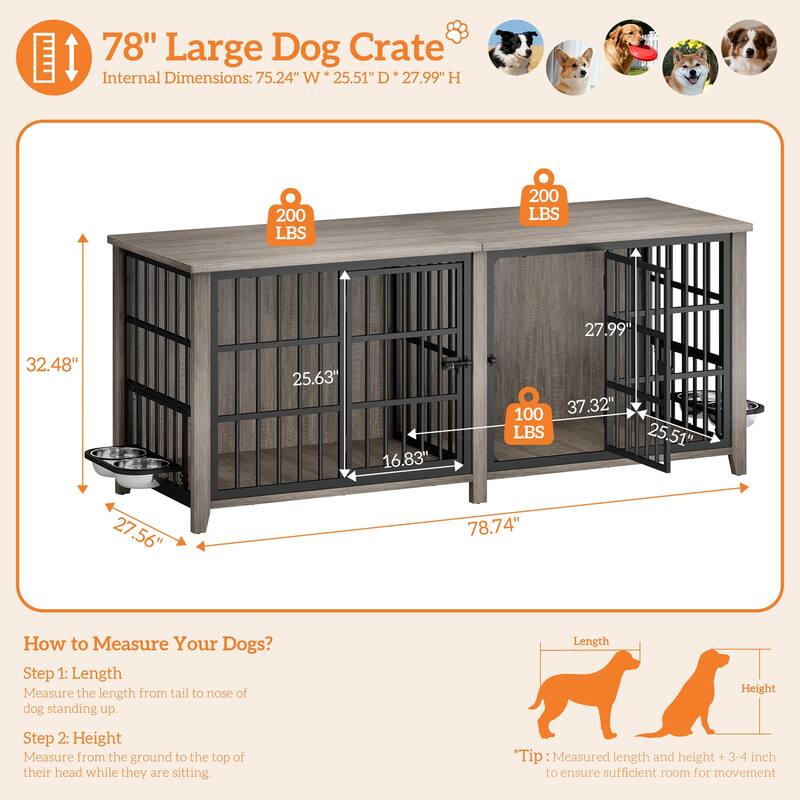 Large Dog Crate Furniture, 78"L Wooden Dog Crate Kennel with Removable Divider