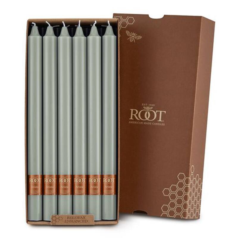 Root 12 inch Unscented Smooth Arista Taper Candles box of 12 - Sage Green