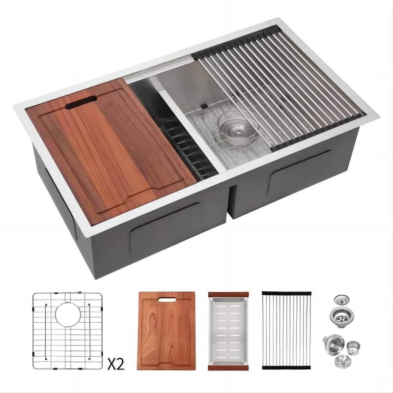 30 in 33 in Double Bowl (50/50) Undermount Kitchen Sink, 10" Deep Basin - 30"x19"x10"