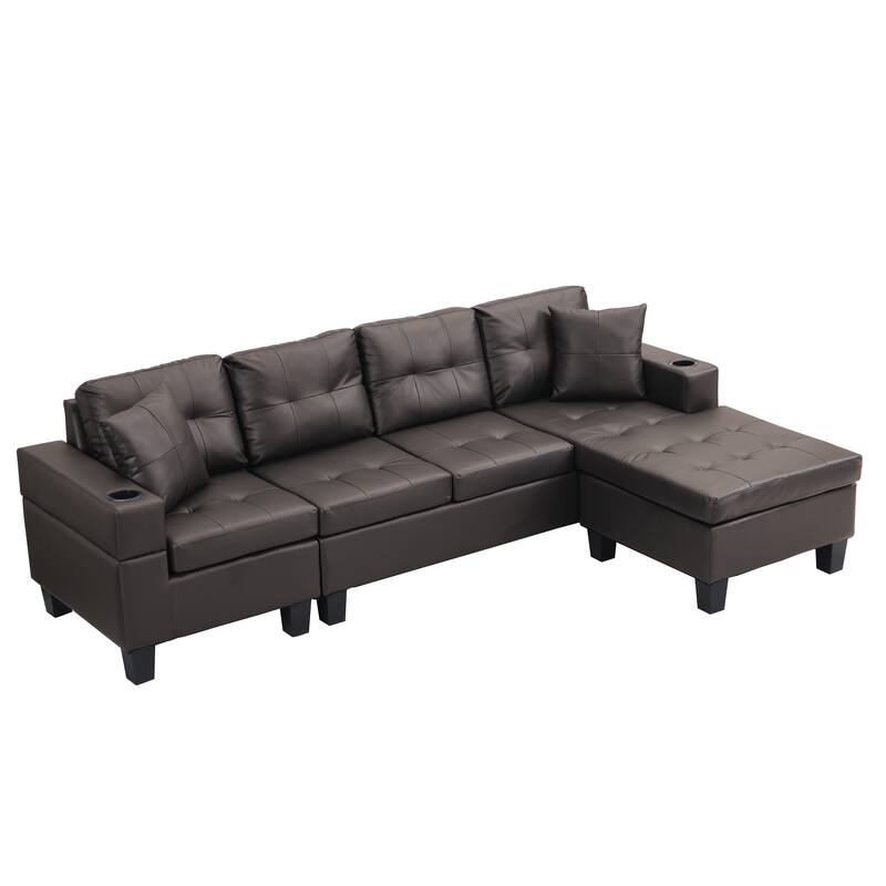 Brown 96.06'' Modern L-Shaped 4 Seater Sectional Sofa with Chaise Lounge, Cup Holders, and Throw Pillows