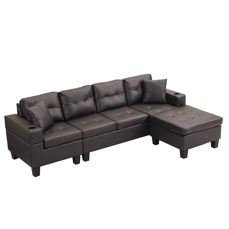 Brown 96.06'' PU Upholstery 4-Seater Sofa Set with Chaise