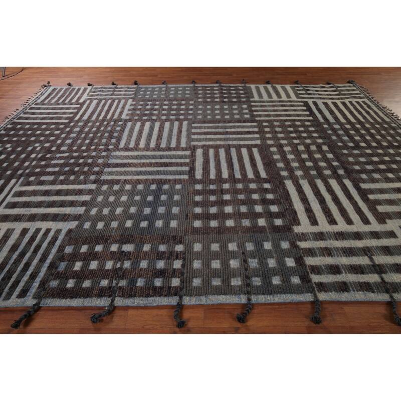 All-Over Checkered Moroccan Oriental Area Rug Hand-Knotted Wool Carpet - 8'10"x 12'7"