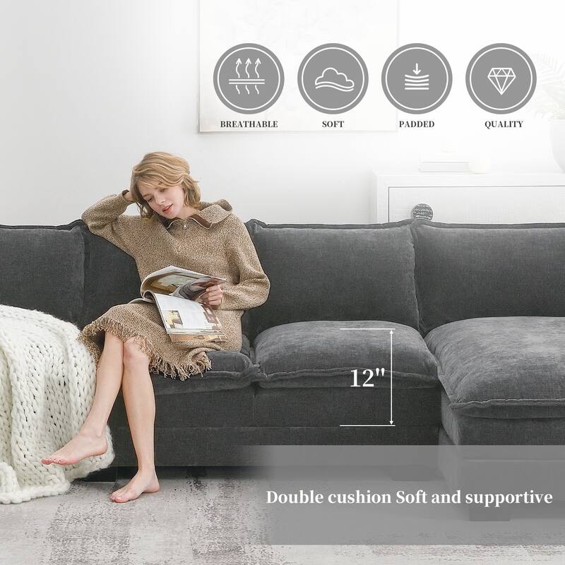 Chenille Upholstered Sectional Sofa with Chaise and Storage Pockets, 5 Seat Lounge Cloud Couch L-shaped Recliner Couches