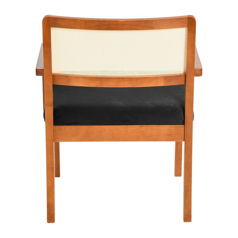 Solid Wood Arm Chair with Woven Cane Back and Velvet Upholstered Seat