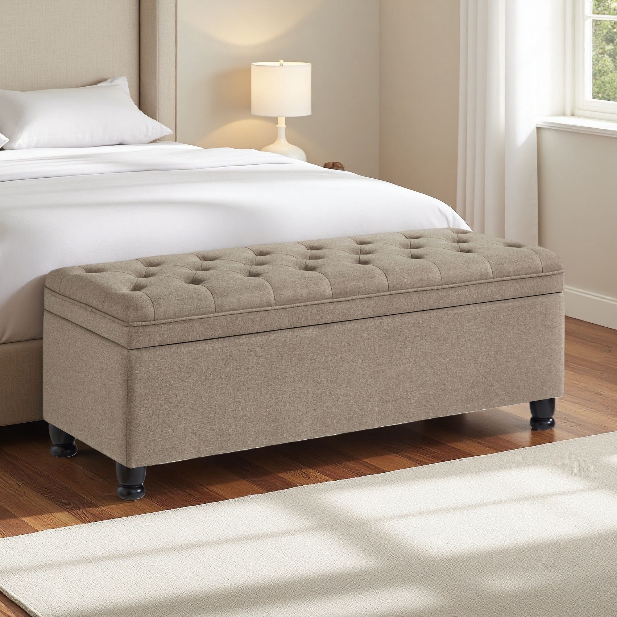45"L Linen Fabric Upholstered Tufted Button Storage Bench with Spindle Wooden Legs, Comfortable Bed Bench with Spacious Storage