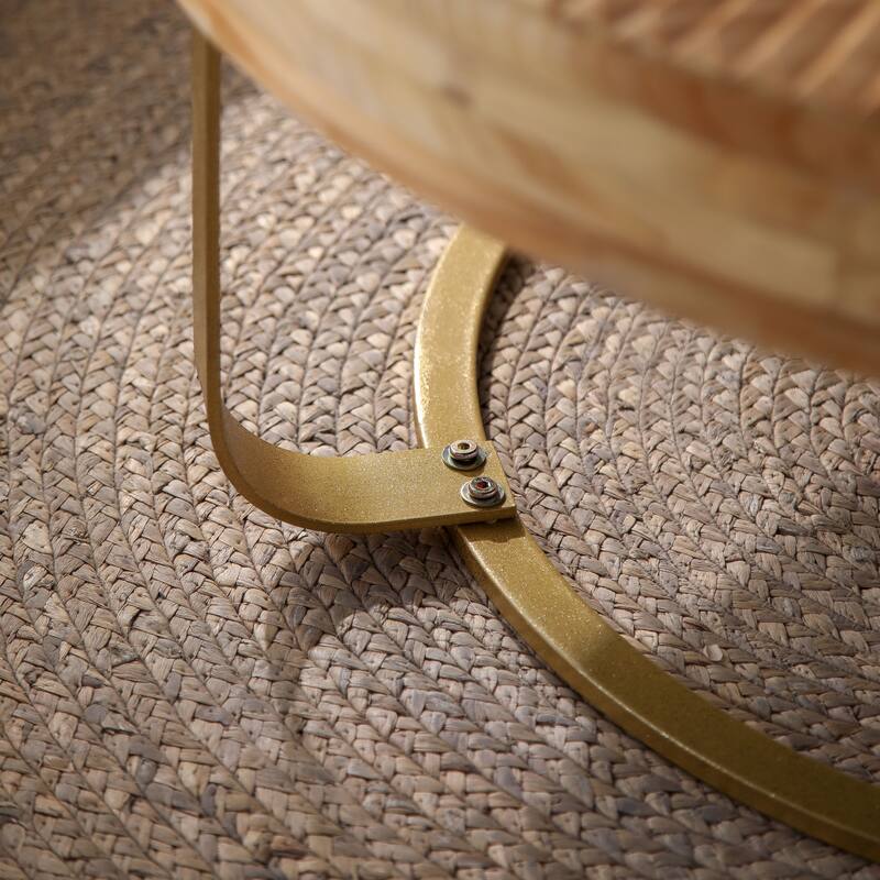 GDFStudio Calvion Round Pine Wood Coffee Table with Steel Frame and Carving Pattern