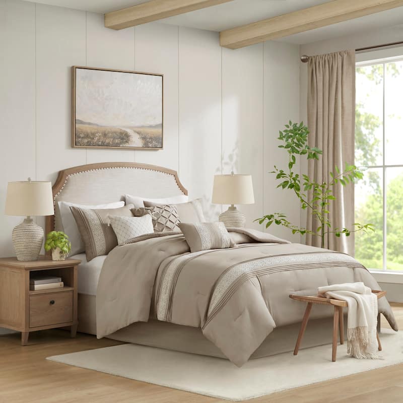 Madison Park Marla 7 Piece Lace Trim Comforter Set with Throw Pillows