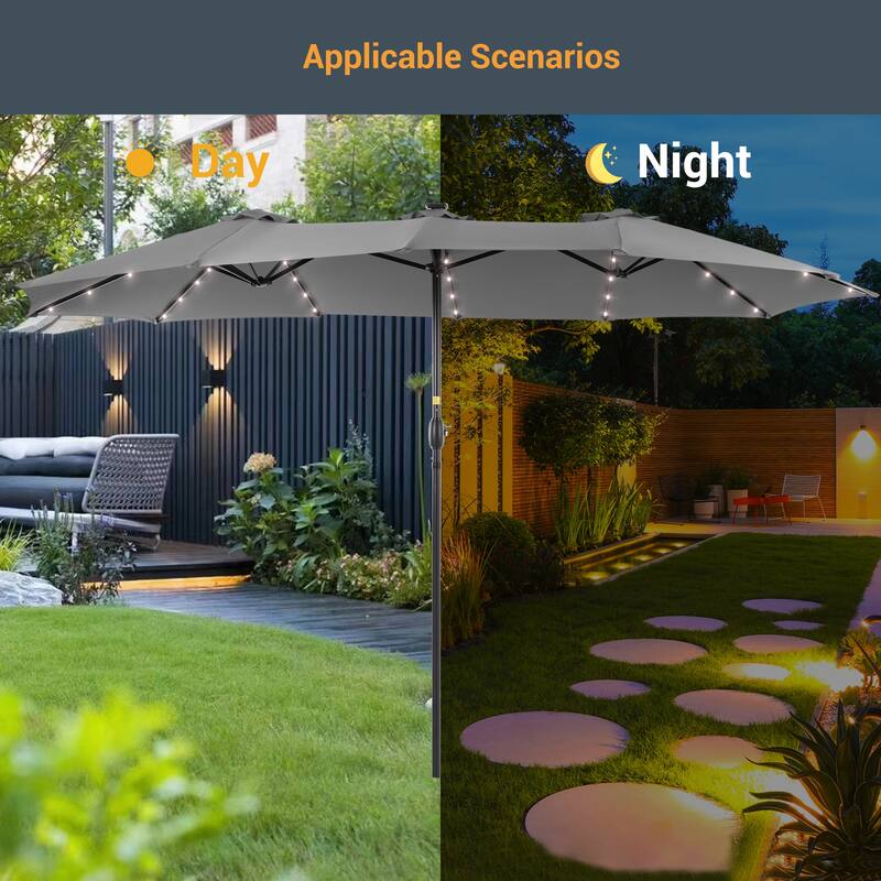 Livoosun 15×9FT LED Double-sided Patio Umbrella with BASE UPF50+ and Handle, and Wind-Resistant Design