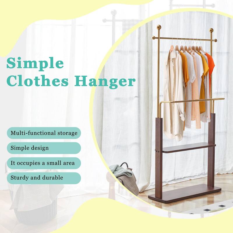 Roomfitters Double-Layer Coat Rack with Golden Frame, Solid Wood Shelf and Hat Stand for Entryway Storage, Gold+Walnut