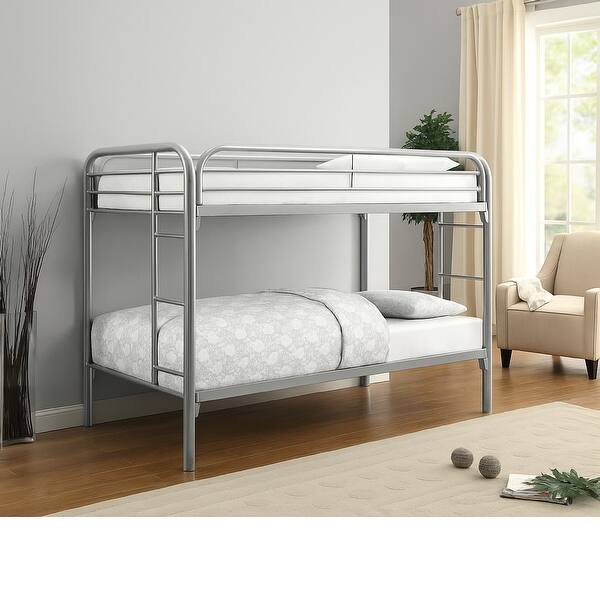 slide 2 of 2, Casual Twin Over Twin Bunk Bed with Built-In Ladders, Silver
