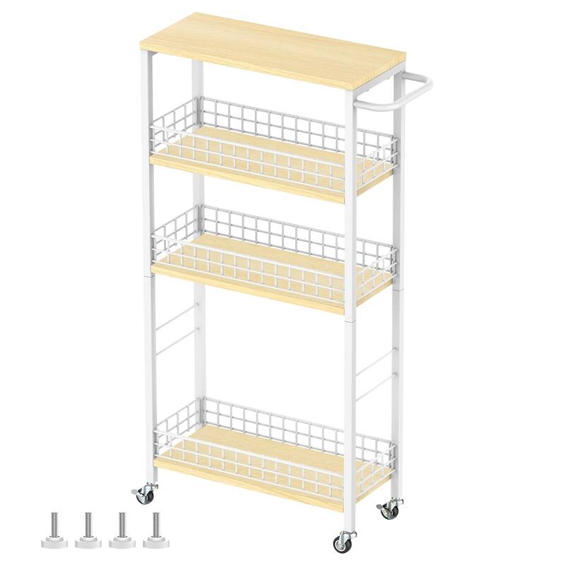 Slim Storage Cart 4-Tier Rolling Kitchen Utility Cart White Narrow Slide Out Laundry Storage Cart on Wheels Wood Table Top - White